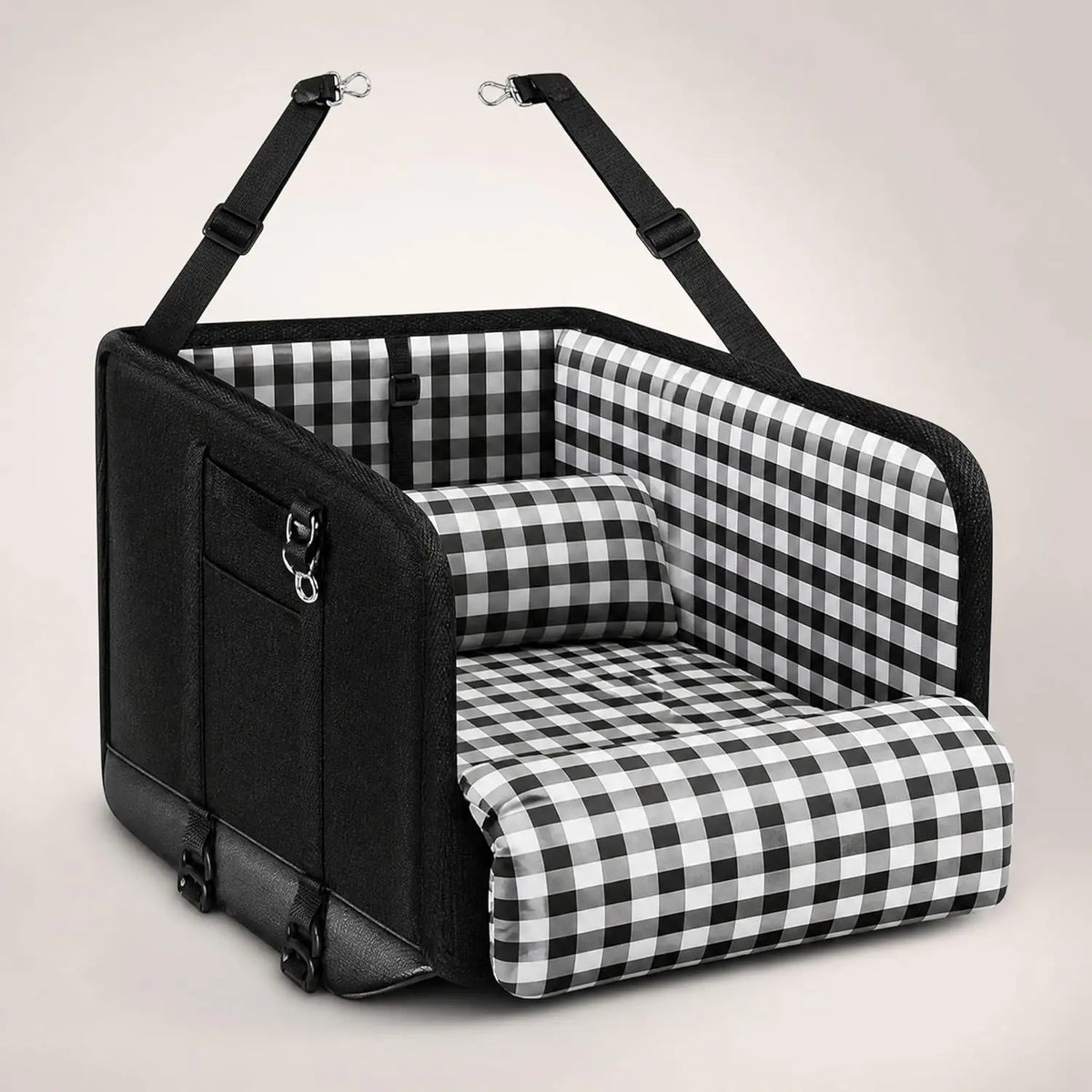 Safety Pet Seat — black cushioned car seat for small dogs and cats with gingham lining and plush bolster pillow