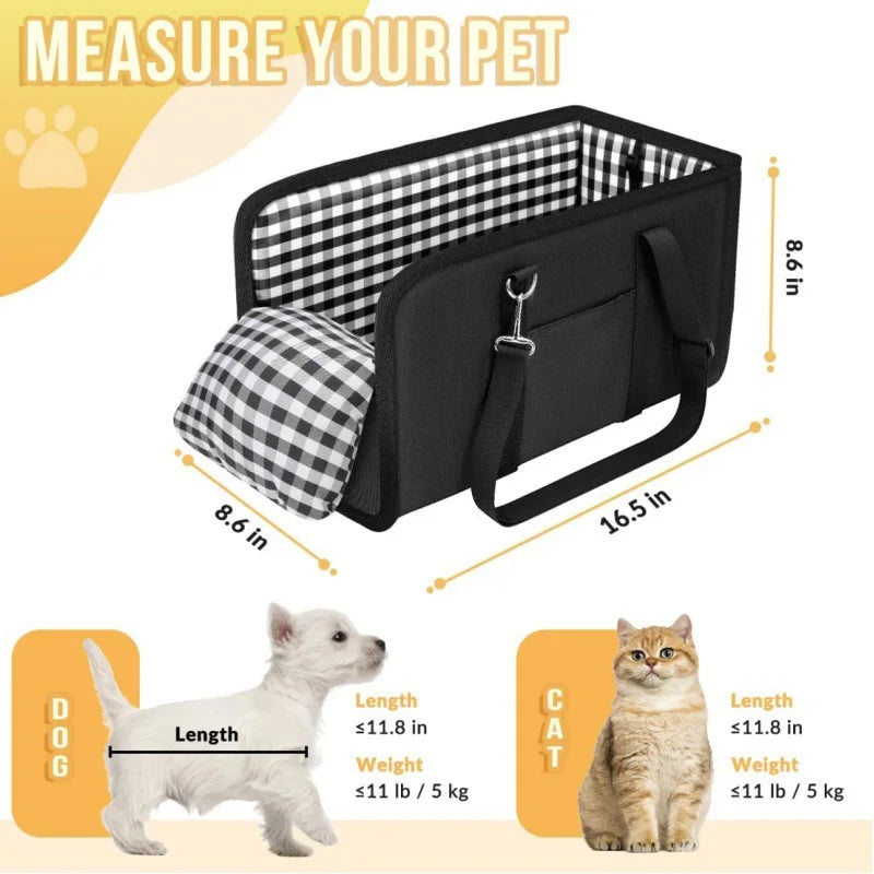 Safety Pet Seat sizing guide — dimensions 16.5 by 8.6 by 8.6 inches, for pets up to 11 lb