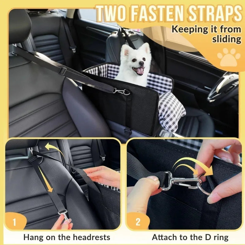 Safety Pet Seat installation — strap hangs on the headrest and clips to the D-ring